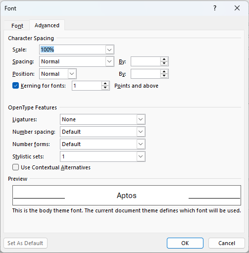 Advanced Font options in Word